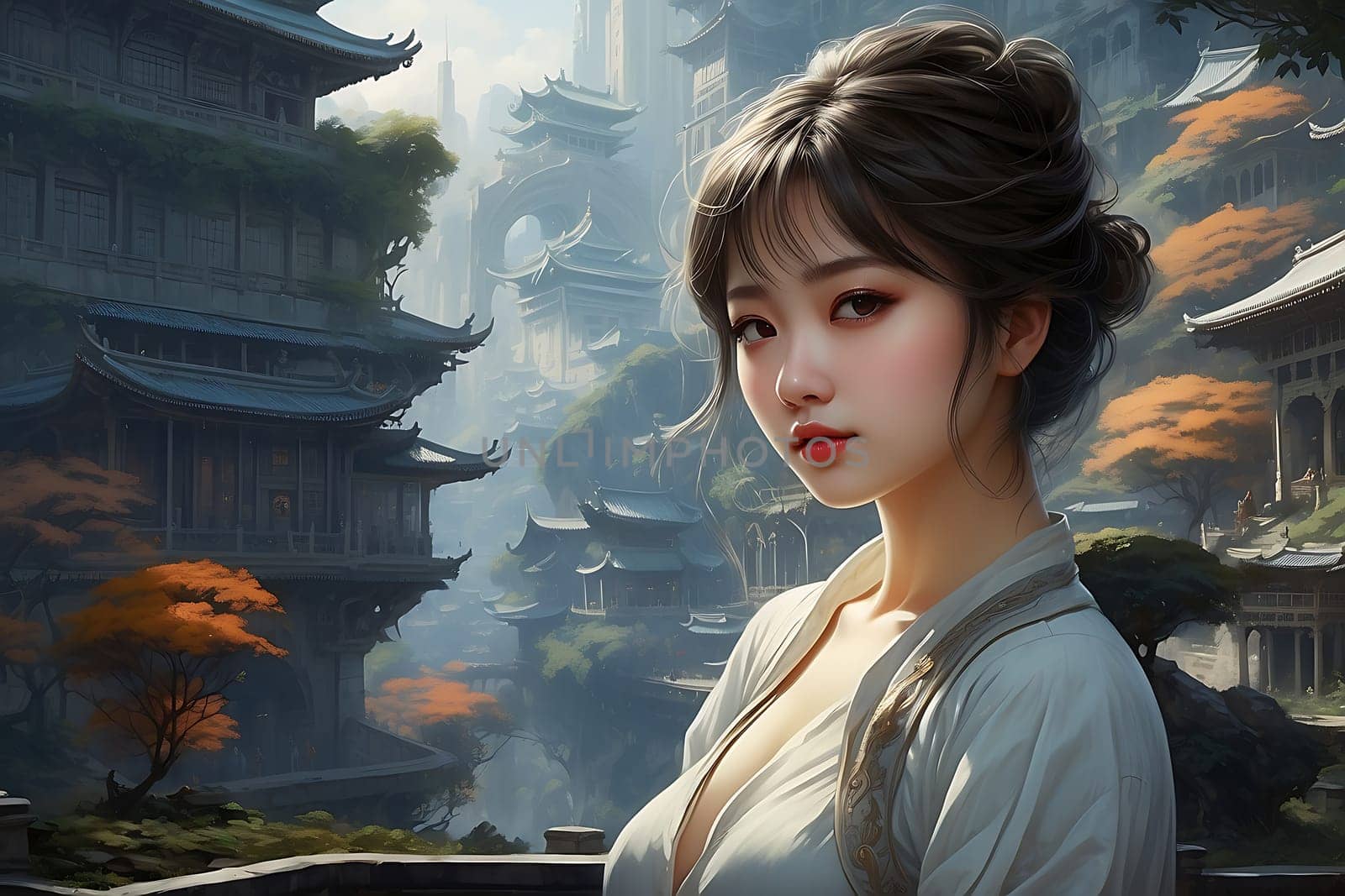 A woman stands peacefully in front of a captivating oriental landscape, surrounded by the serenity of Mother Nature.