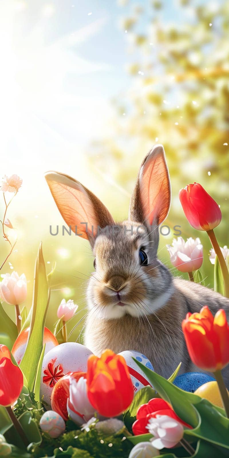 A delightful Easter illustration featuring a curious bunny surrounded by spring tulips and intricately painted Easter eggs, with butterflies in the sunny background.