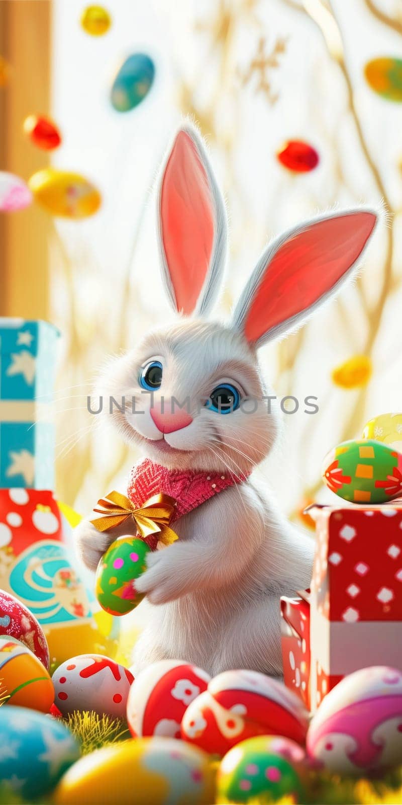 An adorable cartoon Easter bunny holding a decorated egg, surrounded by a variety of colorful eggs and gift boxes, celebrating the festive spirit.