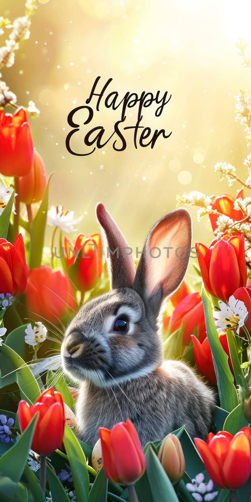 A festive Easter banner depicting a lifelike bunny with red tulips and decorated Easter eggs, embodying the joy of the holiday