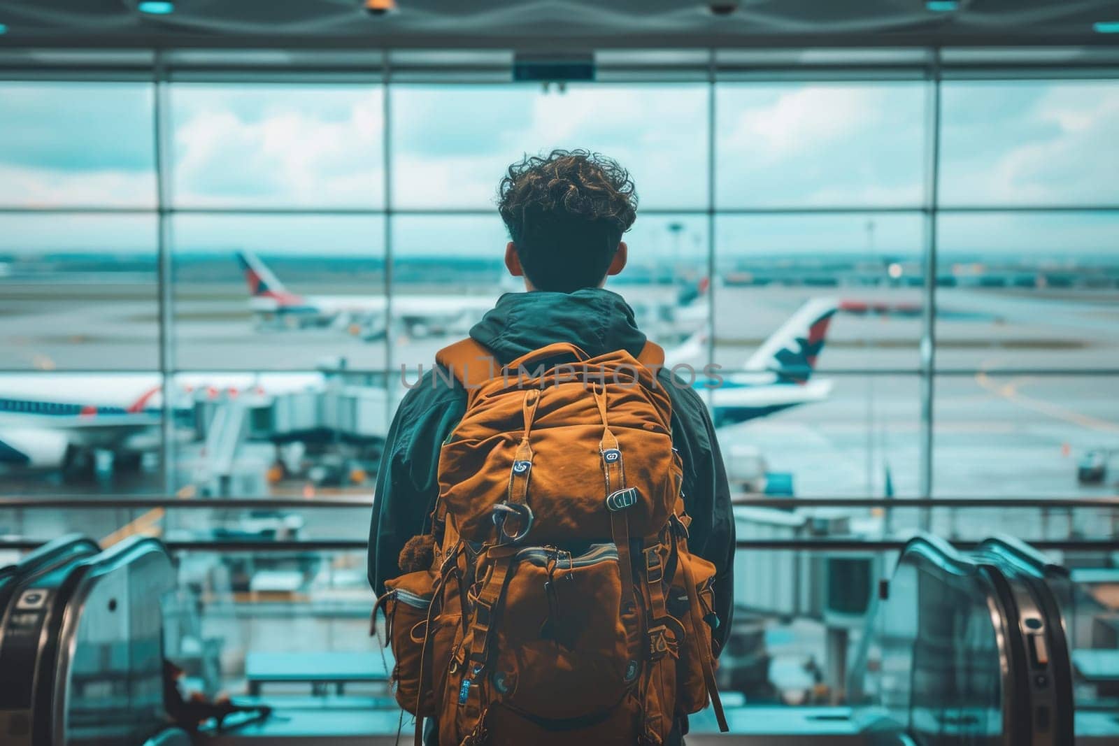 Traveler at airport terminal. Travel concept. Generative AI.