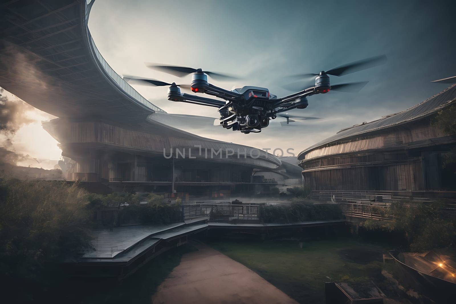 A large propeller plane soars through the skies, casting a shadow over a nearby building.