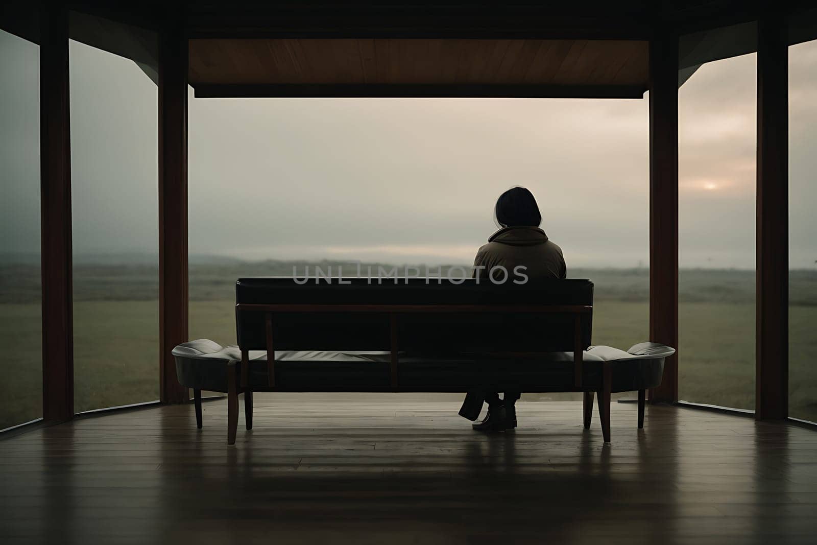 A person sits peacefully on a bench in a room, taking a moment to relax, reflect, and find solitude.