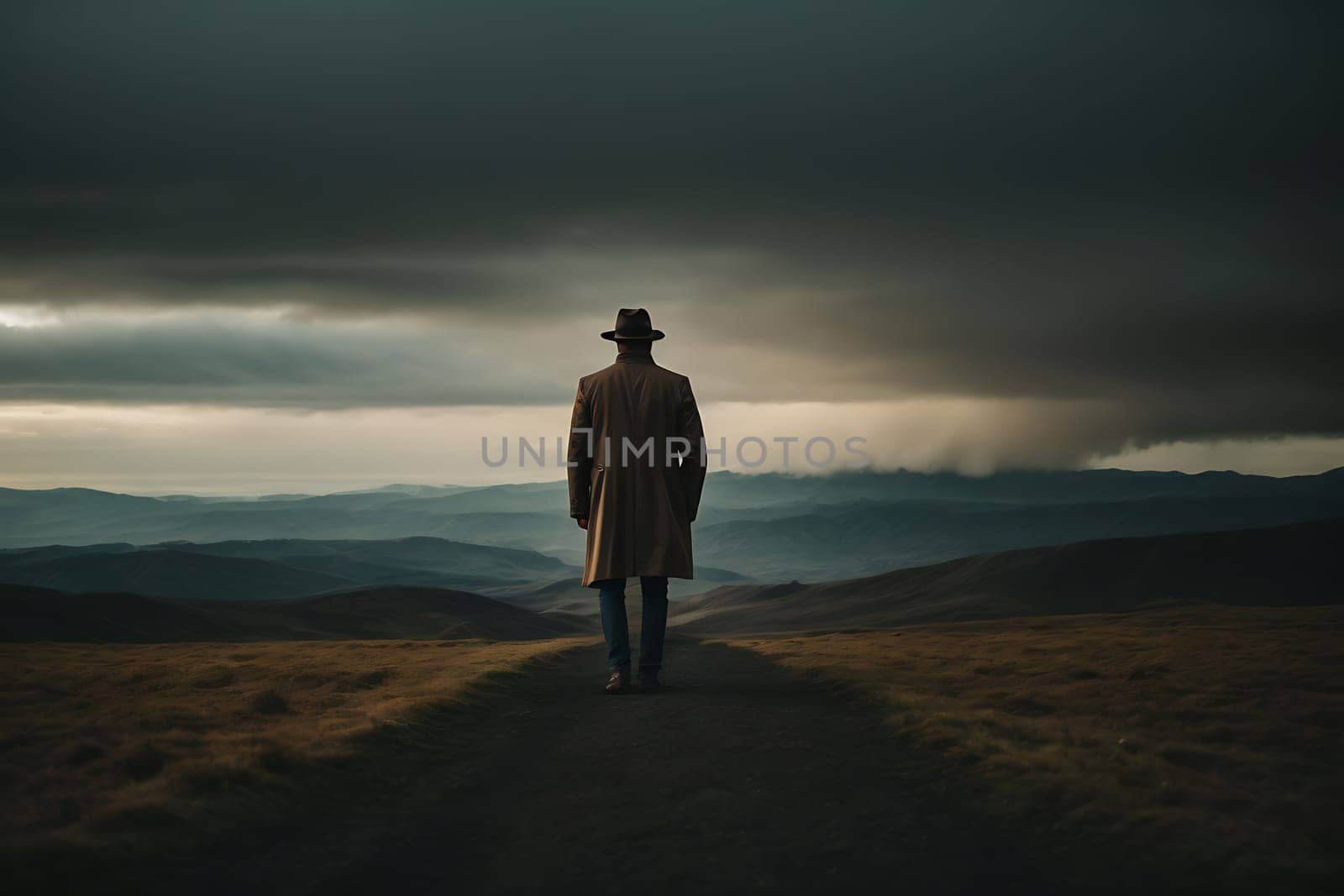 A mysterious man in a trench coat and hat stands alone on a desolate dirt road.