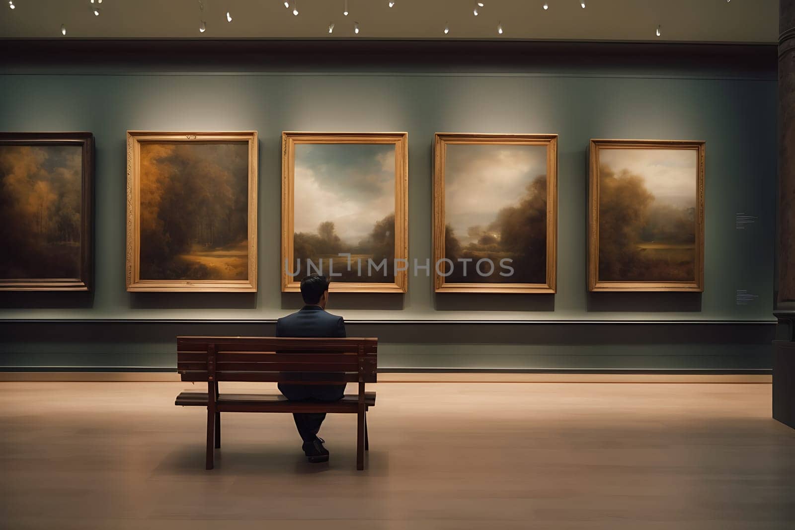 A man sits on a bench in front of various paintings displayed in an art gallery.