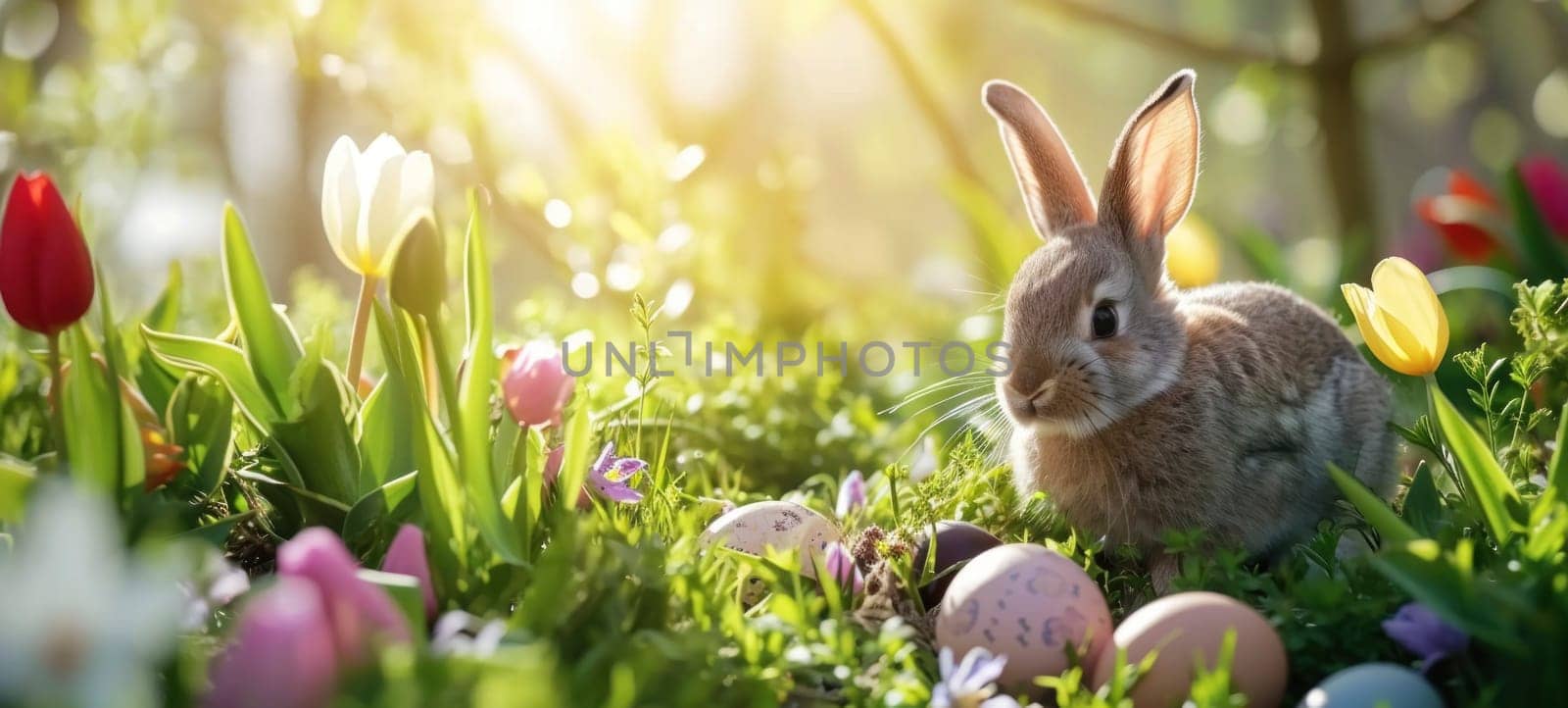 A delightful Easter bunny sits among a colorful field of tulips with scattered Easter eggs, highlighted by the radiant morning sun.