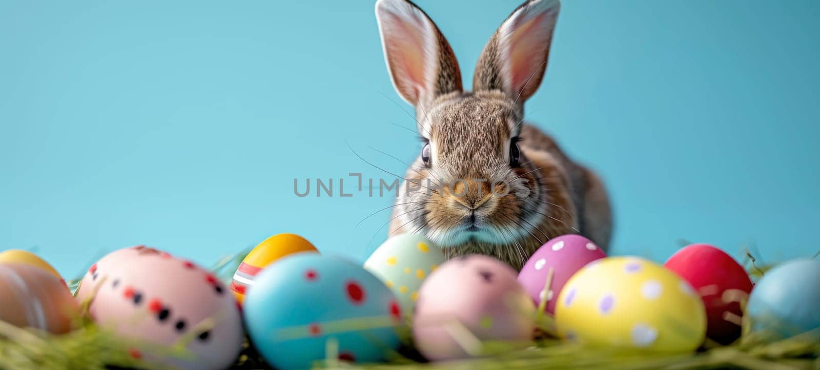 Easter banner with colorful painted eggs and a little bunny rabbit on a blue background with copy space. Happy Easter greeting card.