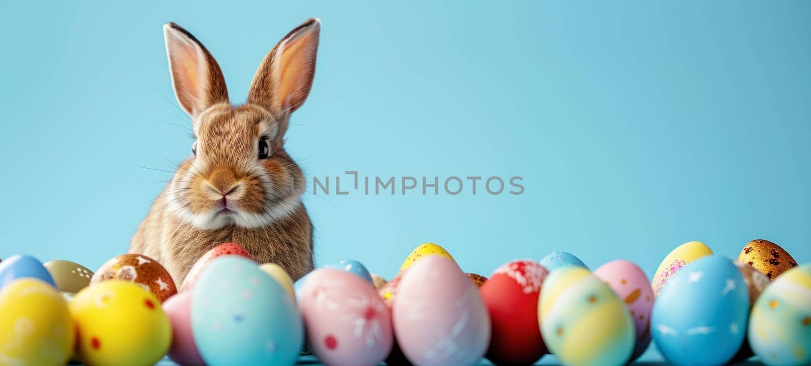 Easter banner with colorful painted eggs and a little bunny rabbit on a blue background with copy space. Happy Easter greeting card.