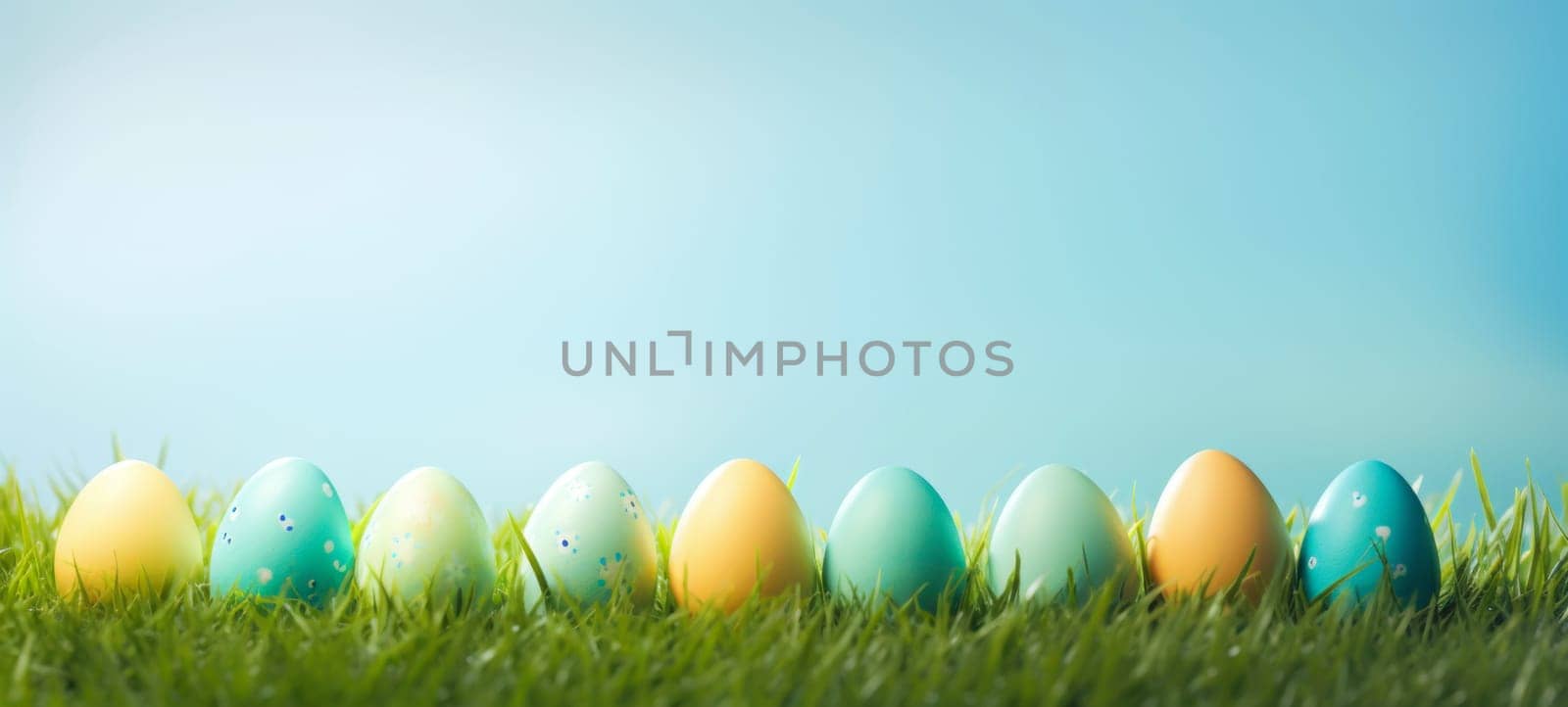 A vibrant display of colorful Easter eggs lined up in a row on lush green grass under a clear blue sky, celebrating the joy of Easter.