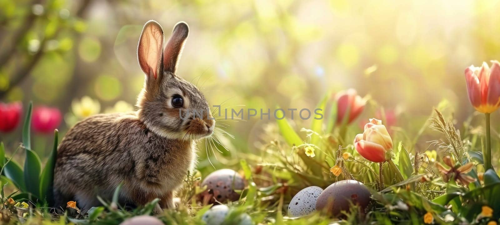 A charming bunny enjoys the beauty of a sun-drenched flower garden, surrounded by Easter eggs and blooming tulips.
