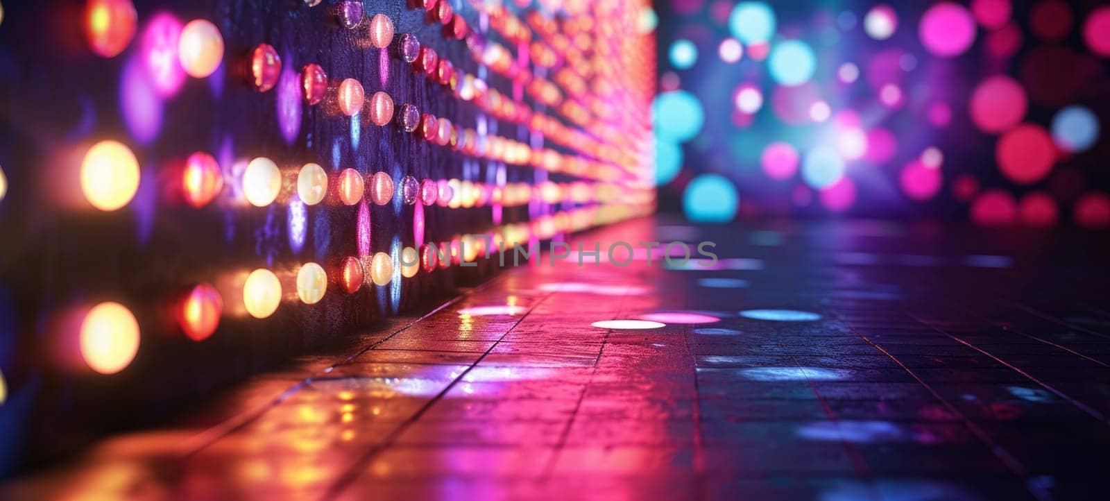Disco style background with neon blue and purple lights, bokeh by andreyz