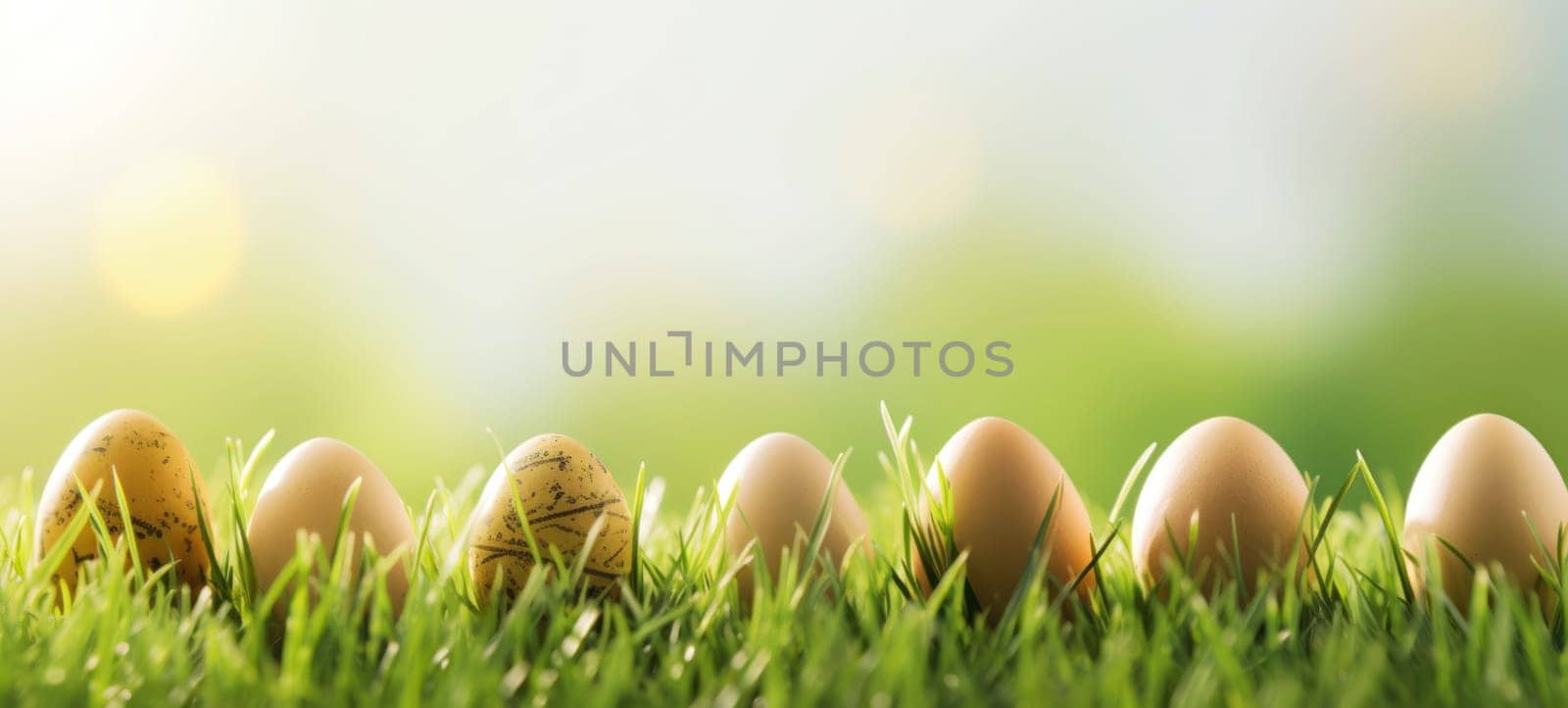 Natural brown Easter eggs with speckles nestled in the vibrant green grass under the soft light of spring, evoking a peaceful Easter setting.
