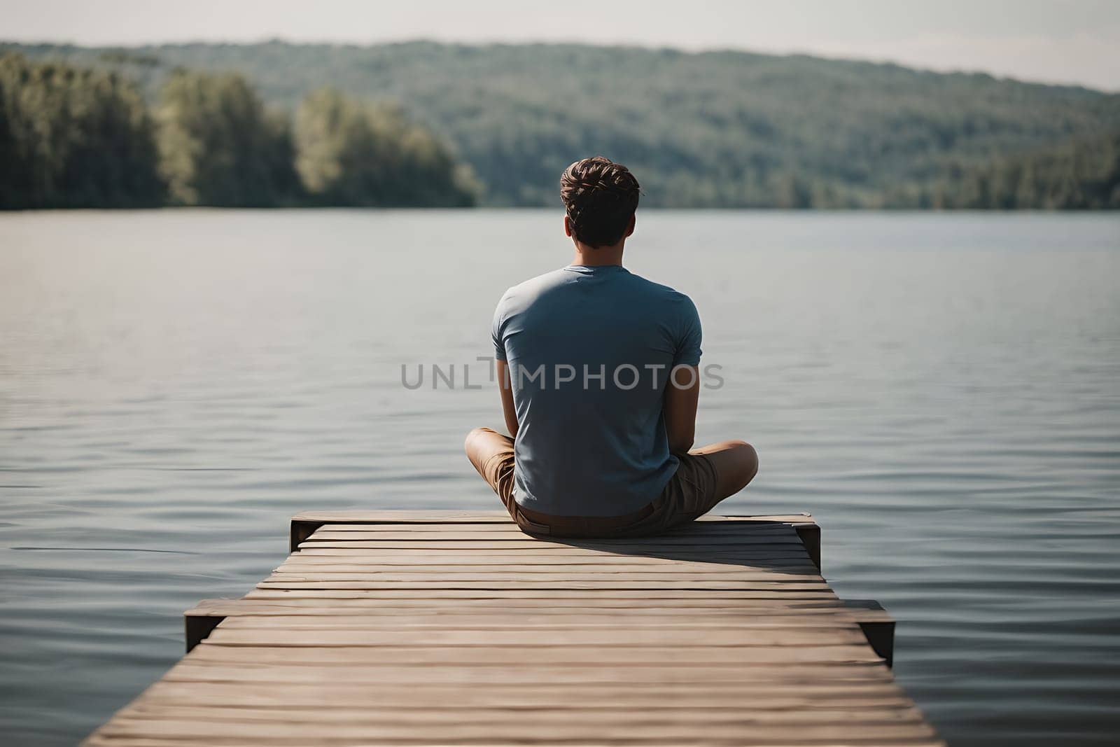 Man Sitting on Dock, Contemplating the Water, Outdoors, Serene, Calm. Generative AI. by artofphoto