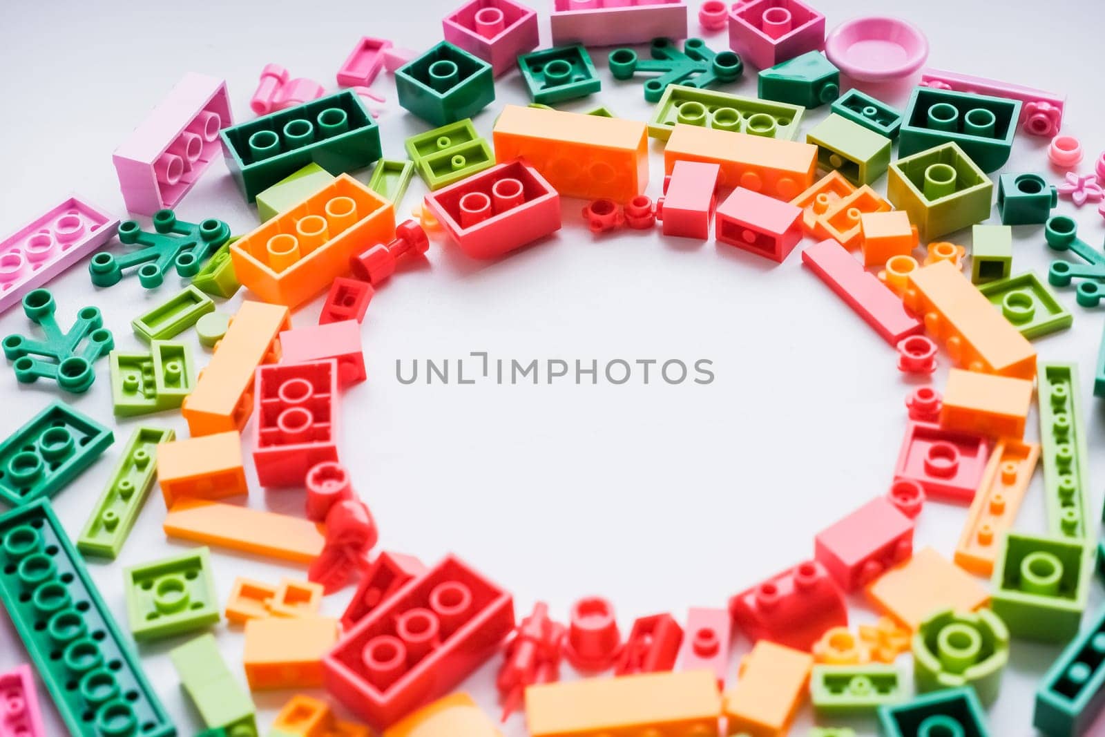 Plastic building blocks pattern background, Colorful toy bricks for kid, Top view