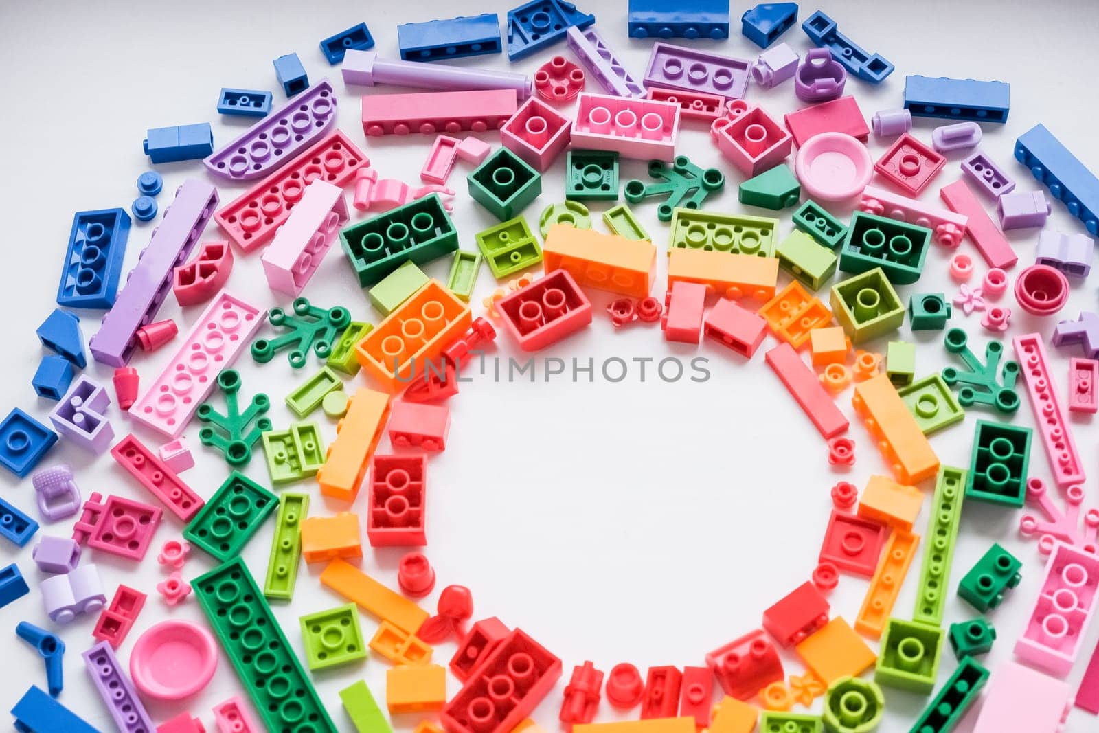 Plastic building blocks pattern background, Colorful toy bricks for kid, Top view