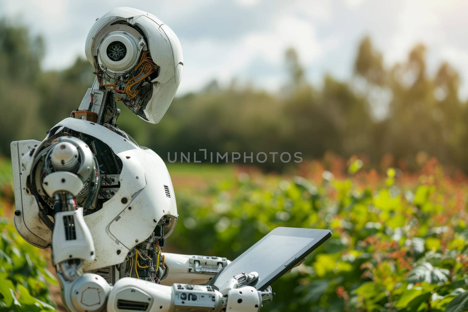 Modern robot farmer in an agricultural green field with a digital tablet by rusak