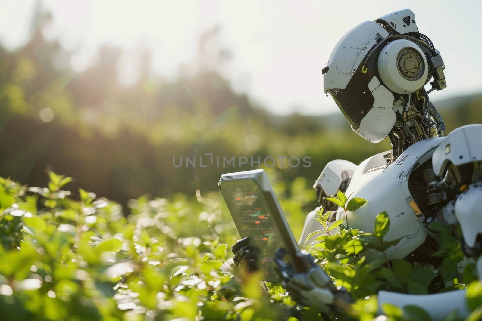 Modern Ai robot farmer in an agricultural green field with a digital tablet. Concept of future in agriculture and agro-farming
