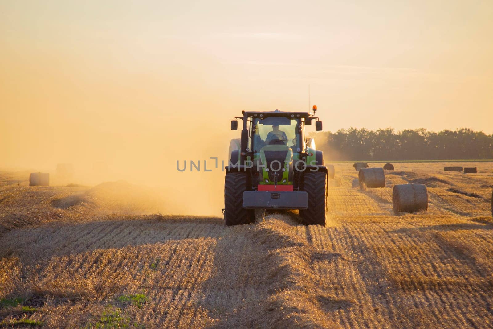 Combine harvester pressing straw from field into bales driving field on sunny summer evening. Field with bales of pressed wheat. Lots of dust on field. Agricultural agro-industrial harvesting works