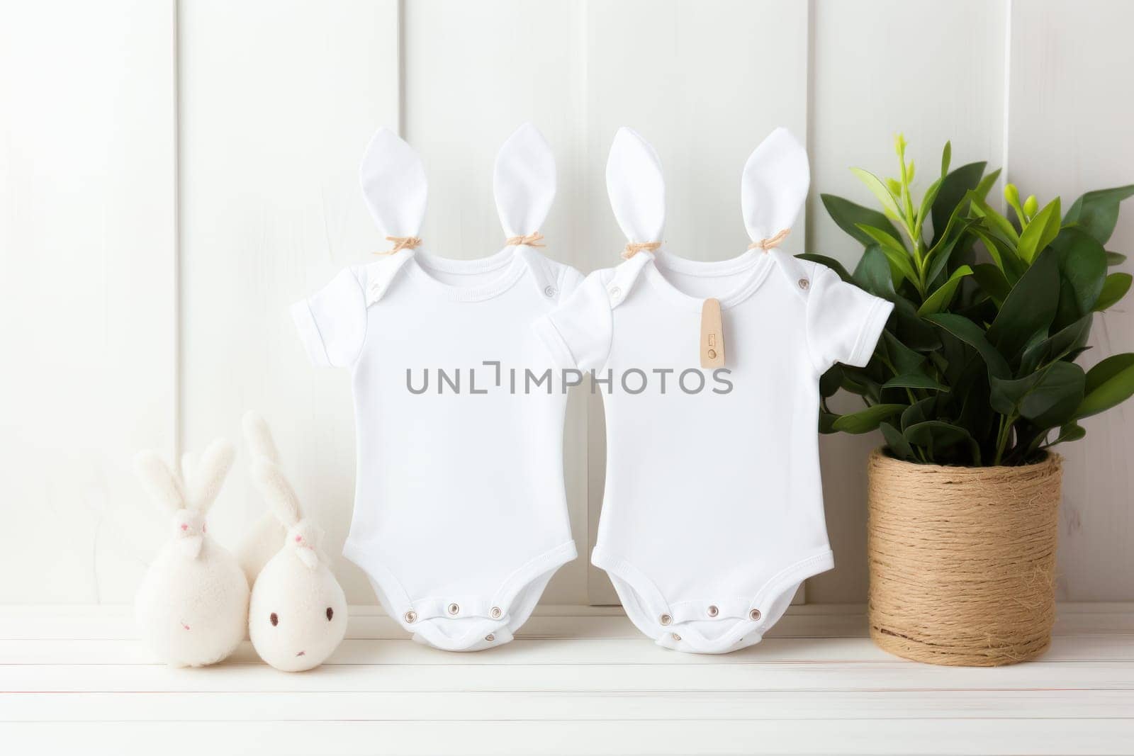 White Onesies Mockup with Baby Accents on Minimalist Background. Generative AI by golfmerrymaker