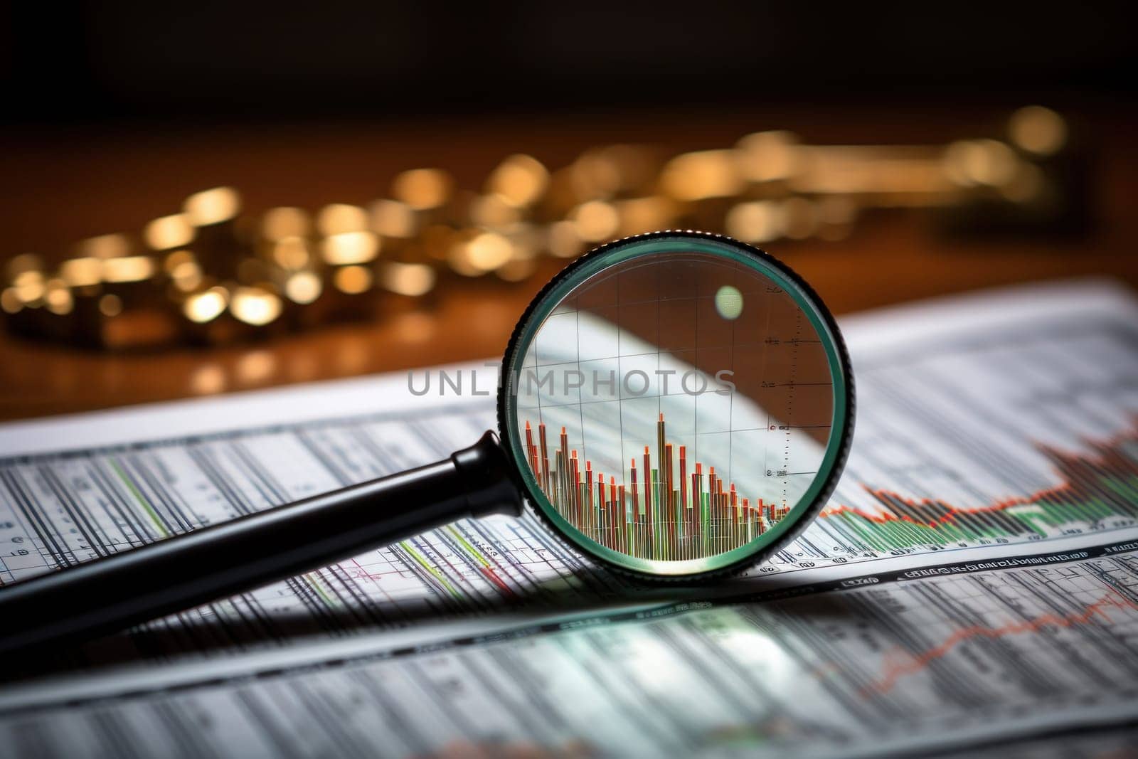 Magnifying glass on stock price graphs. Generative AI.