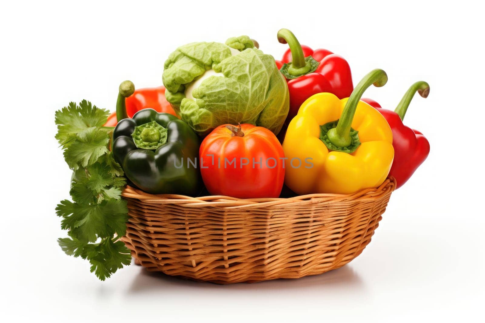 Basket of vegetables in hand of mature man, isolated on white background, studio lighting. Generative AI.