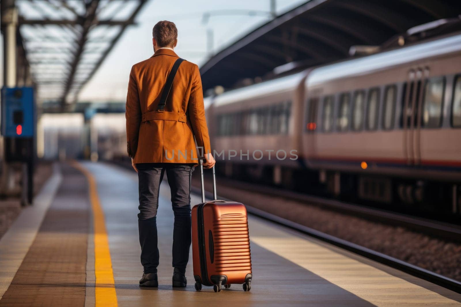 Man in suit holding luggage at train. Generative AI.