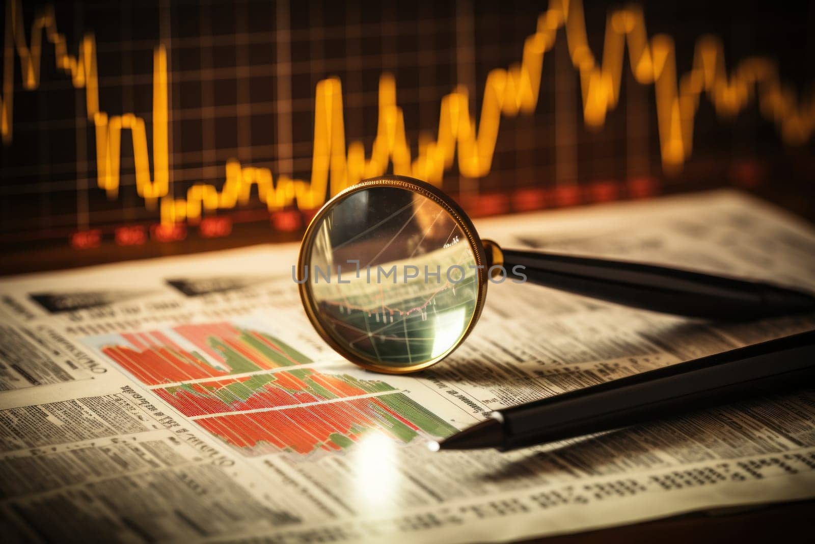 Magnifying glass on stock price graphs. Generative AI.