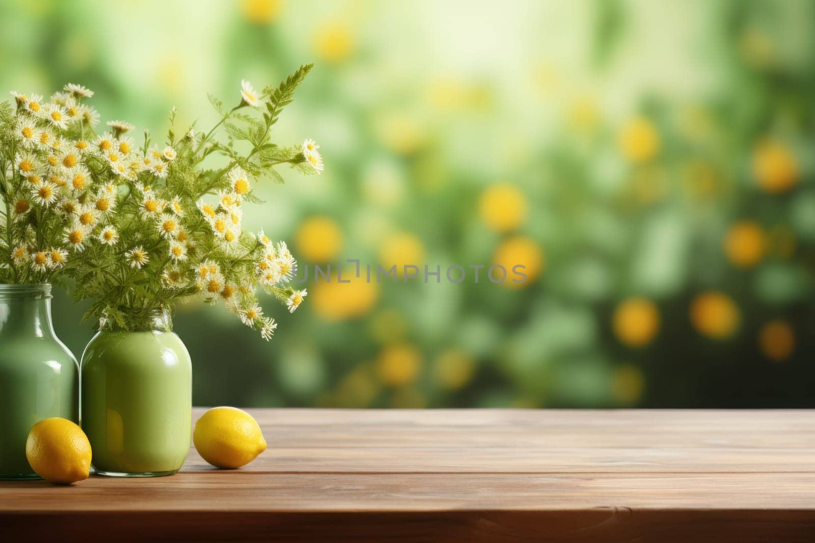 hyper realistic image of a wooden table, green and yellow sunny background. Generative AI by golfmerrymaker