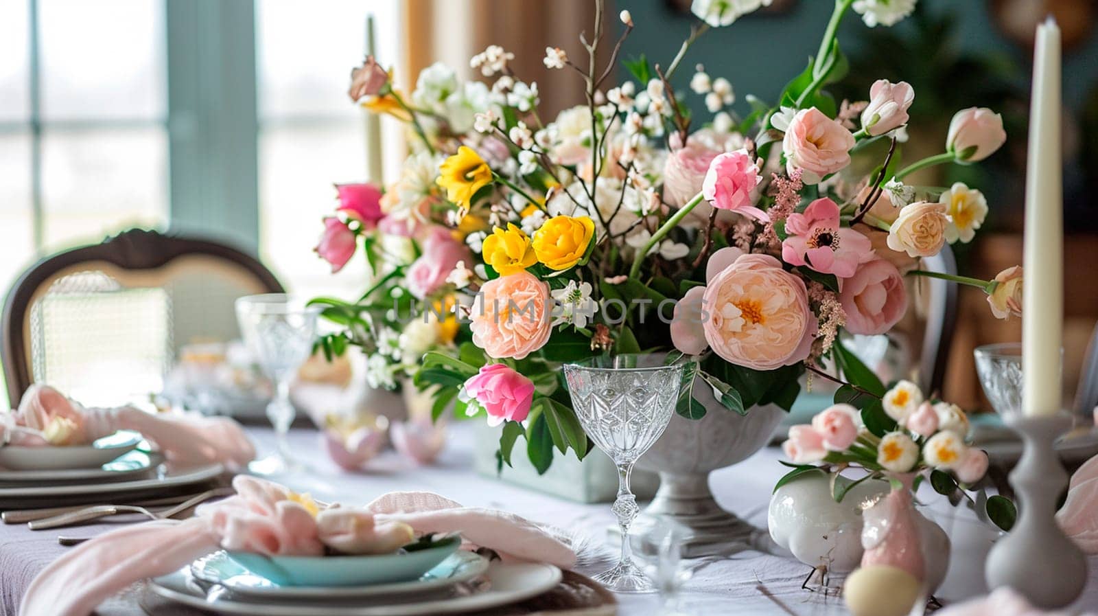 Easter served table with flowers. Selective focus. Holiday.