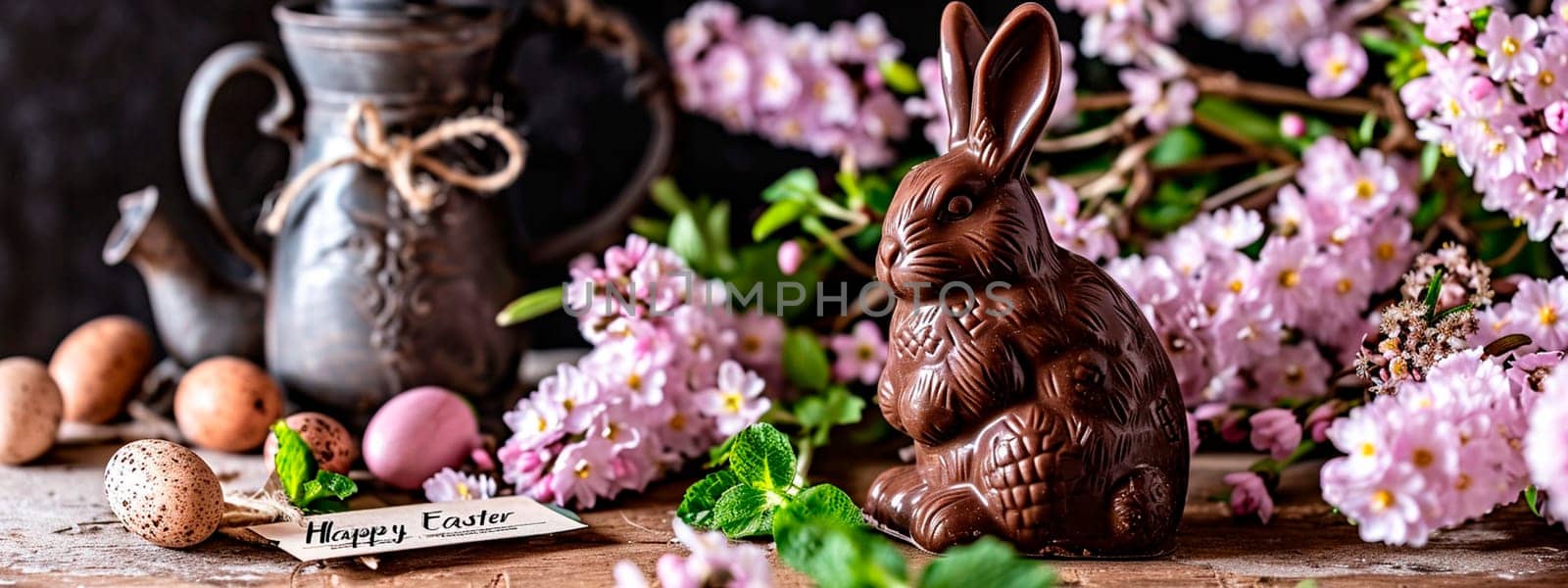 Easter chocolate bunny with flowers. Selective focus. Holiday.