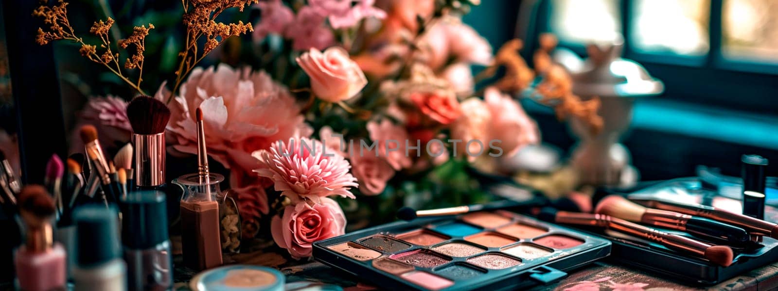 Decorative cosmetics for makeup, brush in hands and flowers. Selective focus. by yanadjana