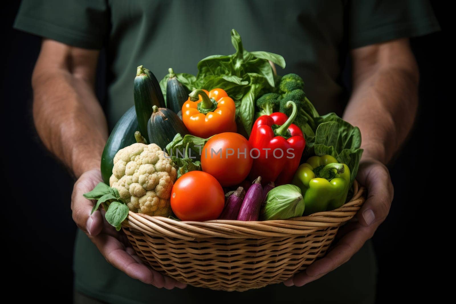 Basket of vegetables in hand of mature man, isolated on white background, studio lighting. Generative AI by golfmerrymaker