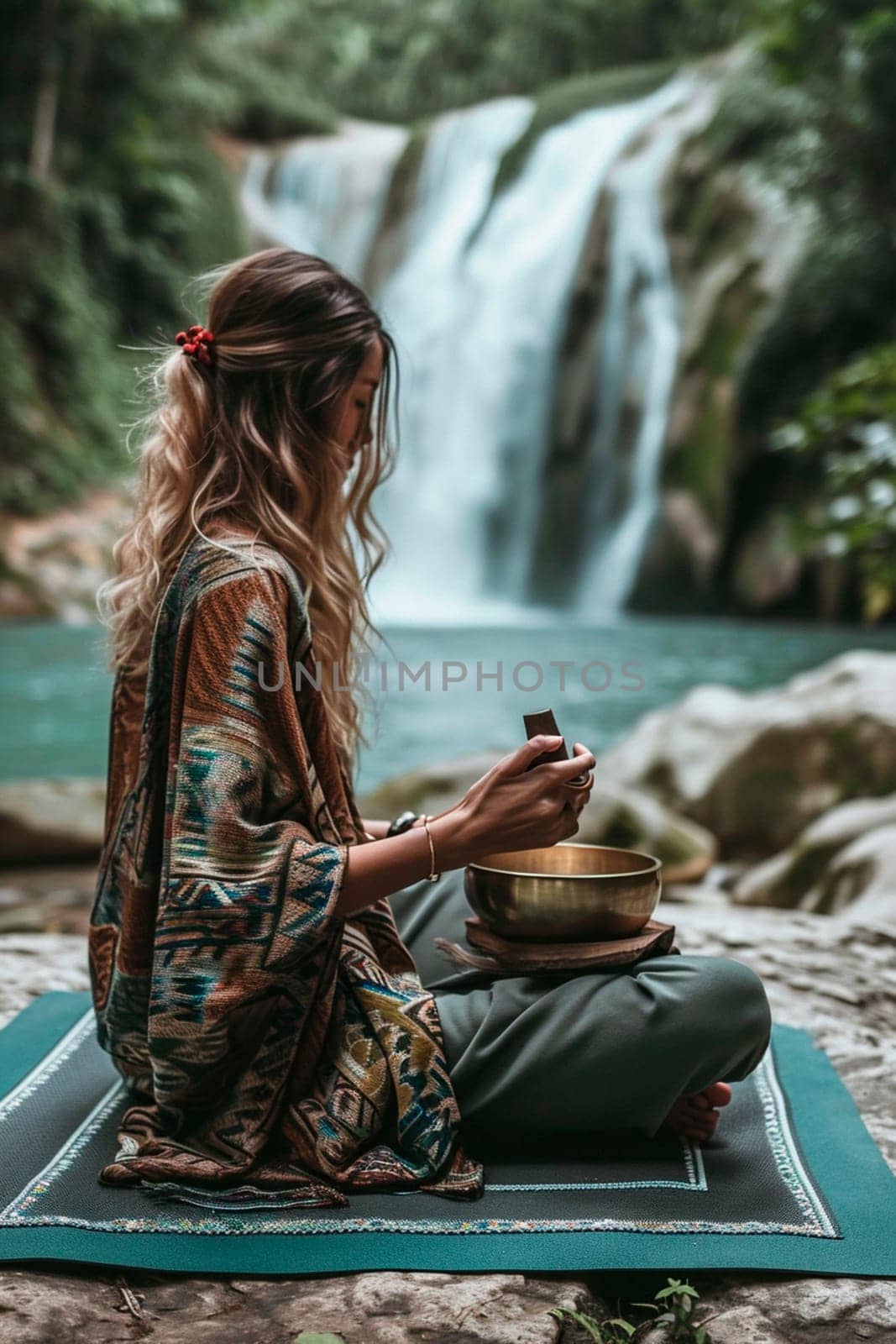 A woman meditates against the backdrop of a waterfall. Selective focus. Nature.