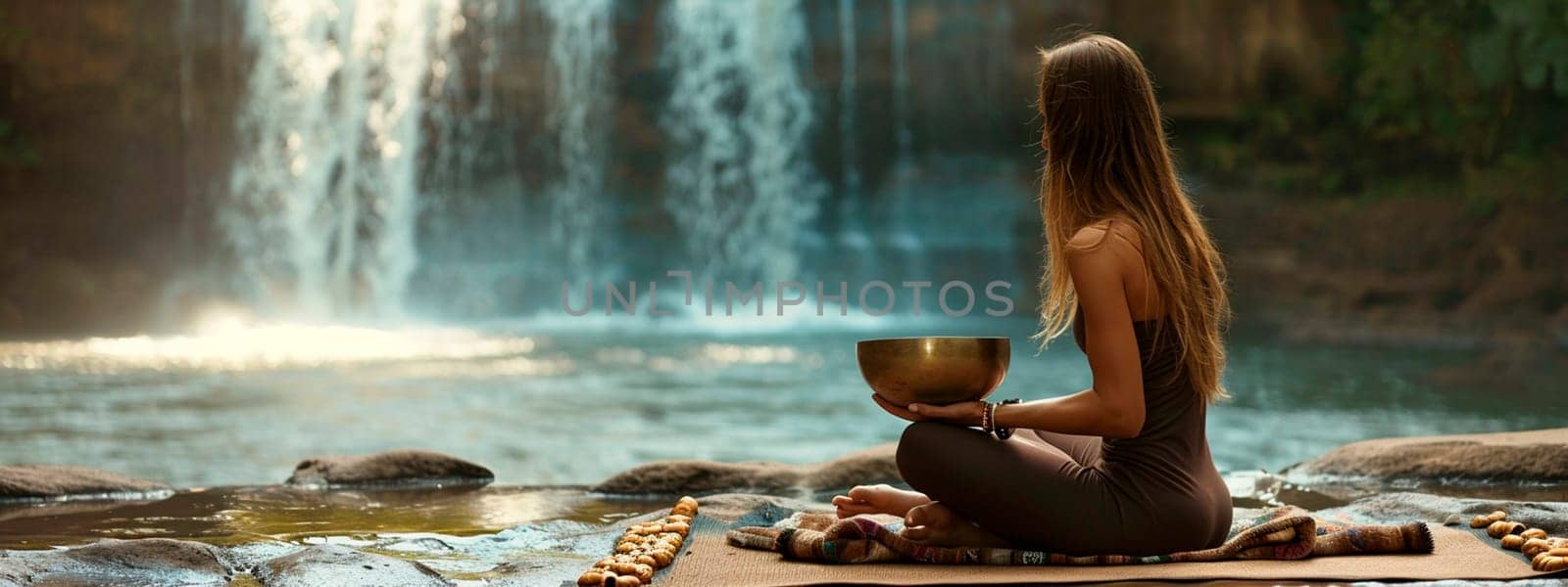 A woman meditates against the backdrop of a waterfall. Selective focus. by yanadjana