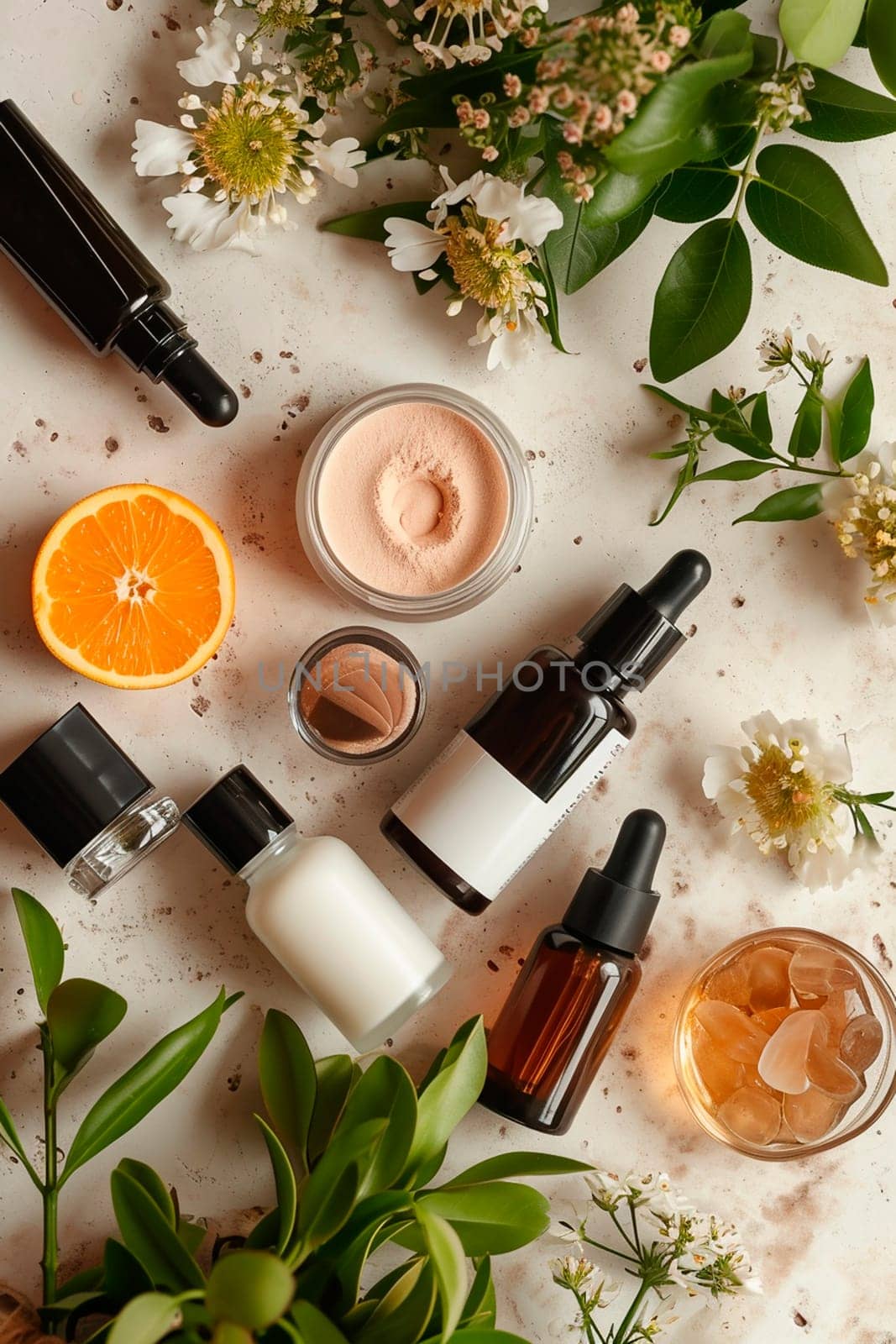 various cosmetics and flowers. Selective focus. nature.