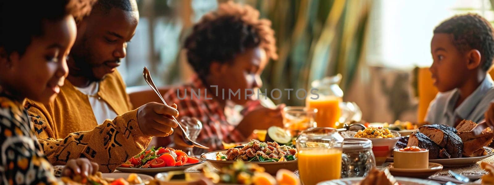the family eats at the table. Selective focus. by yanadjana