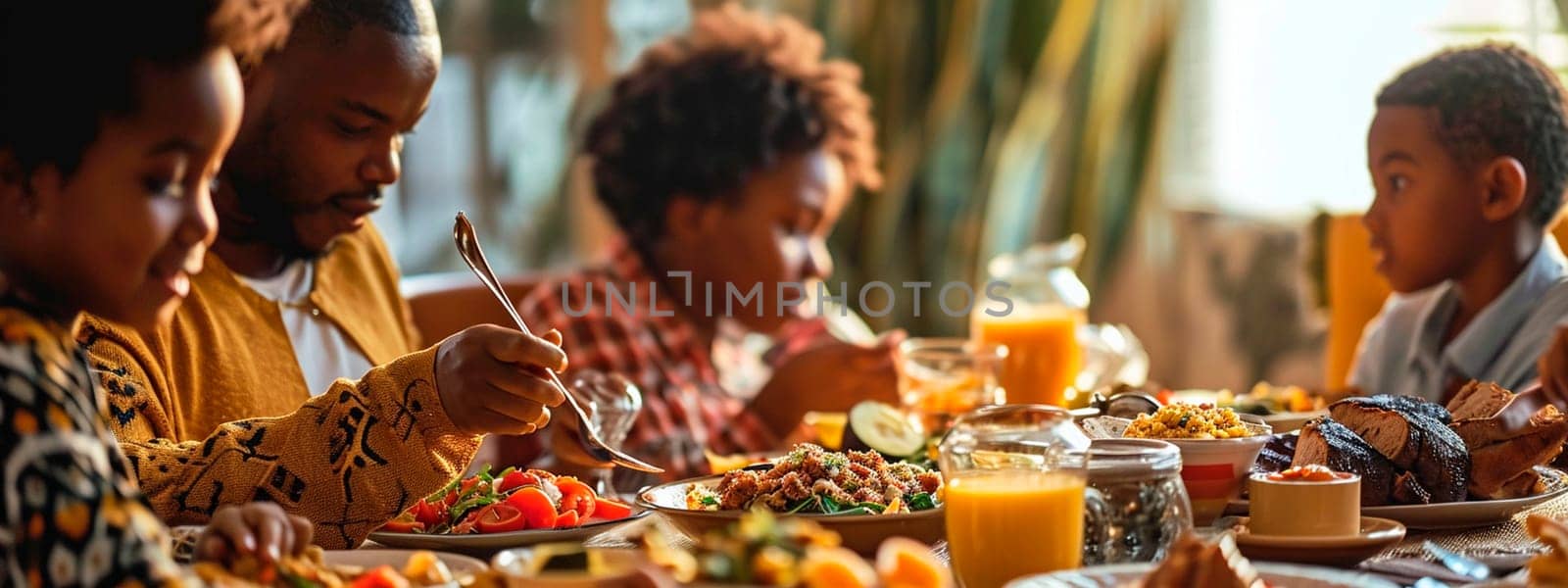 the family eats at the table. Selective focus. food.