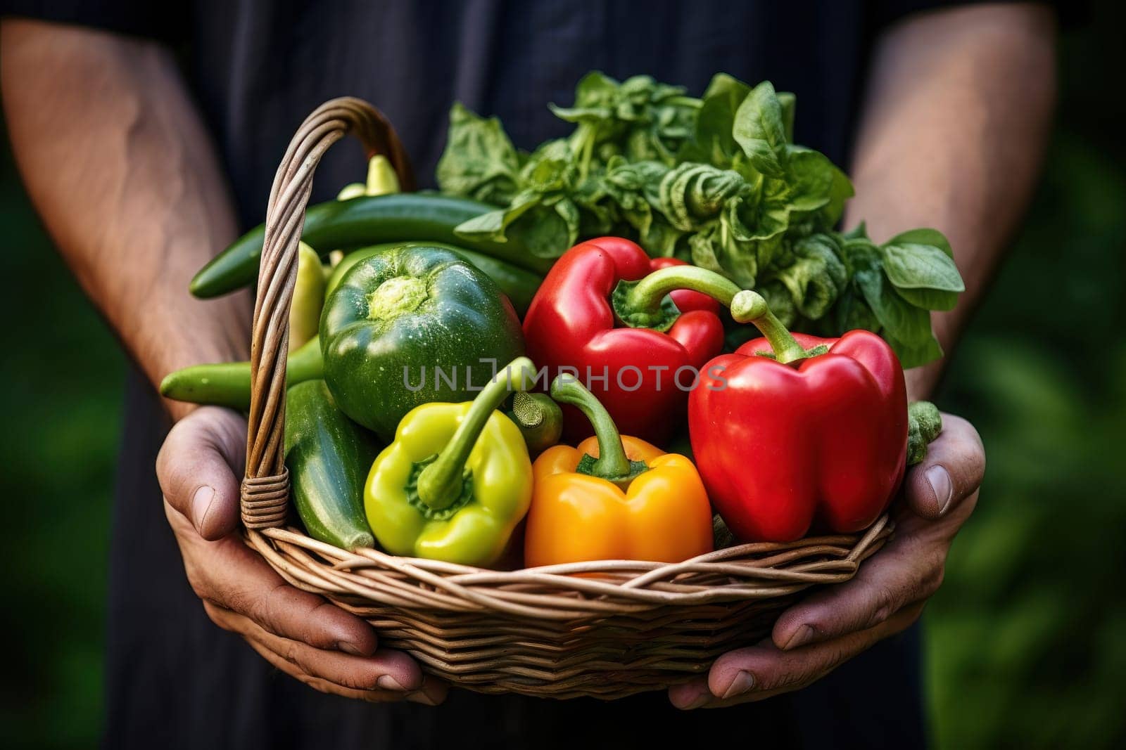 Basket of vegetables in hand of mature man, isolated on white background, studio lighting. Generative AI by golfmerrymaker