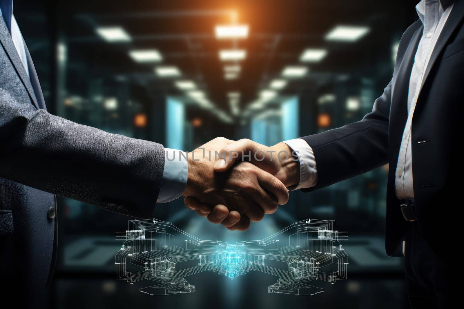 Image of enterprise collaboration, two people shaking hands. Generative AI.