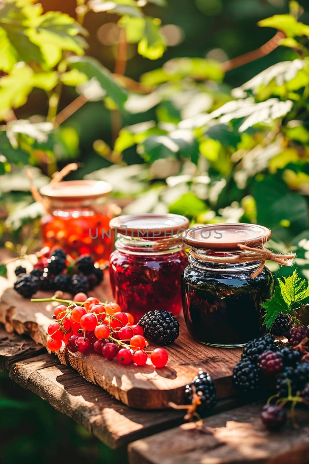 Various berries jam in the garden. Selective focus. by yanadjana