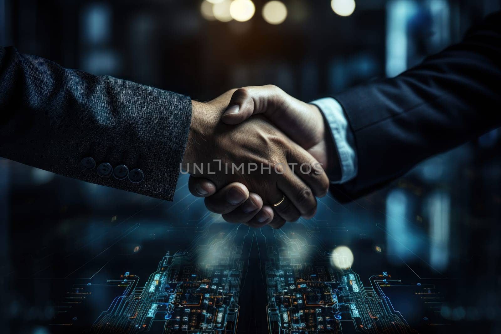 Image of enterprise collaboration, two people shaking hands. Generative AI.