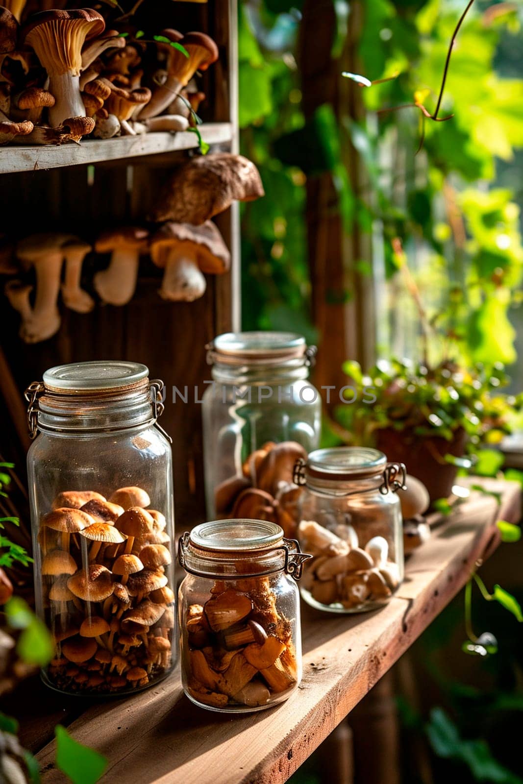 Preserved mushrooms in a jar. Selective focus. by yanadjana