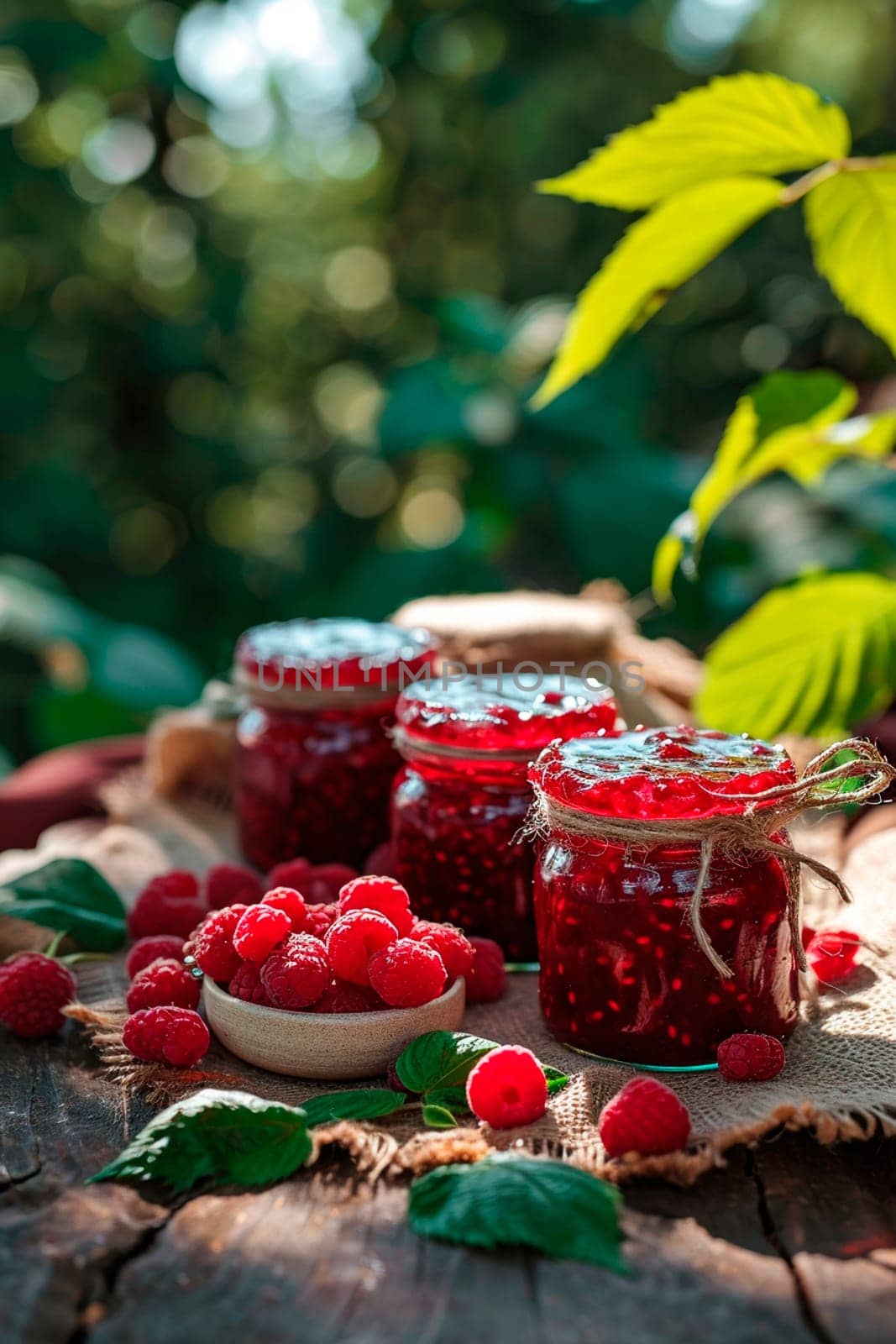 Raspberry jam in a jar. Selective focus. Food.