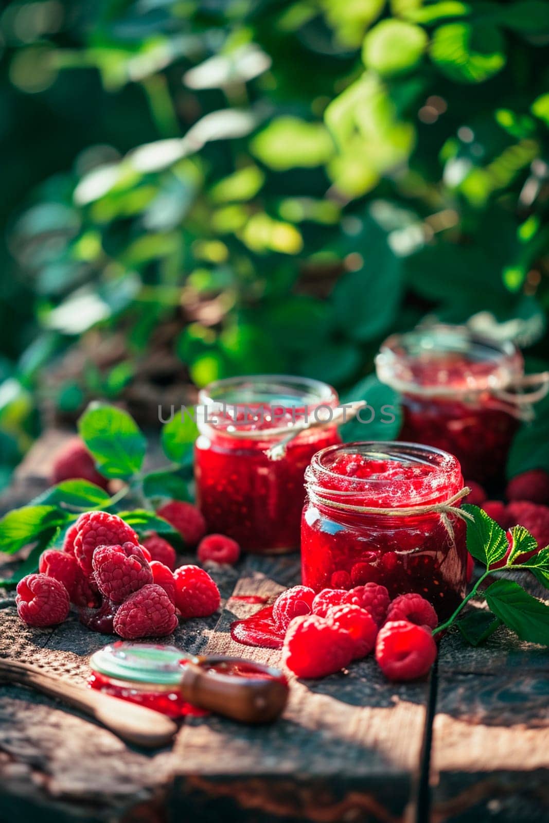 Raspberry jam in a jar. Selective focus. Food.