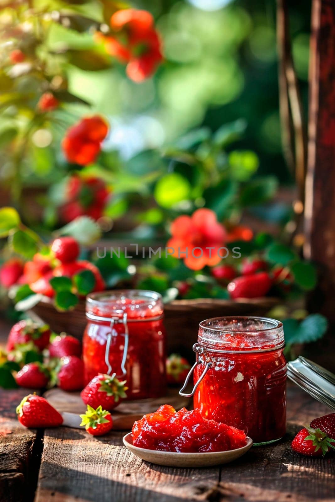 Strawberry jam in a jar. Selective focus. by yanadjana