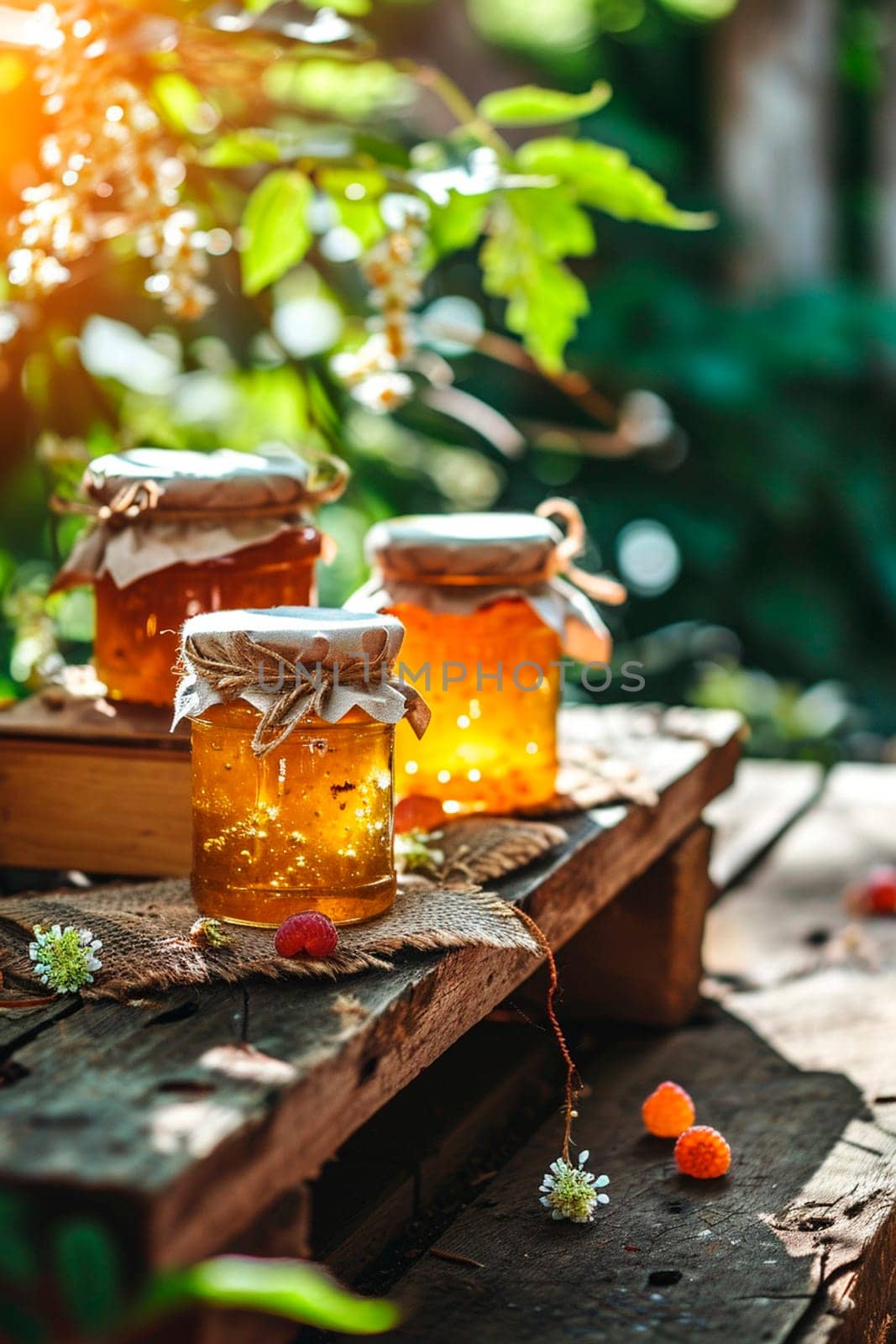 Yellow raspberry jam in a jar. Selective focus. Food.