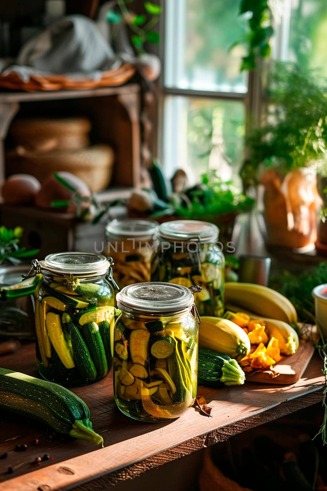Preserved zucchini in a jar. Selective focus. food.