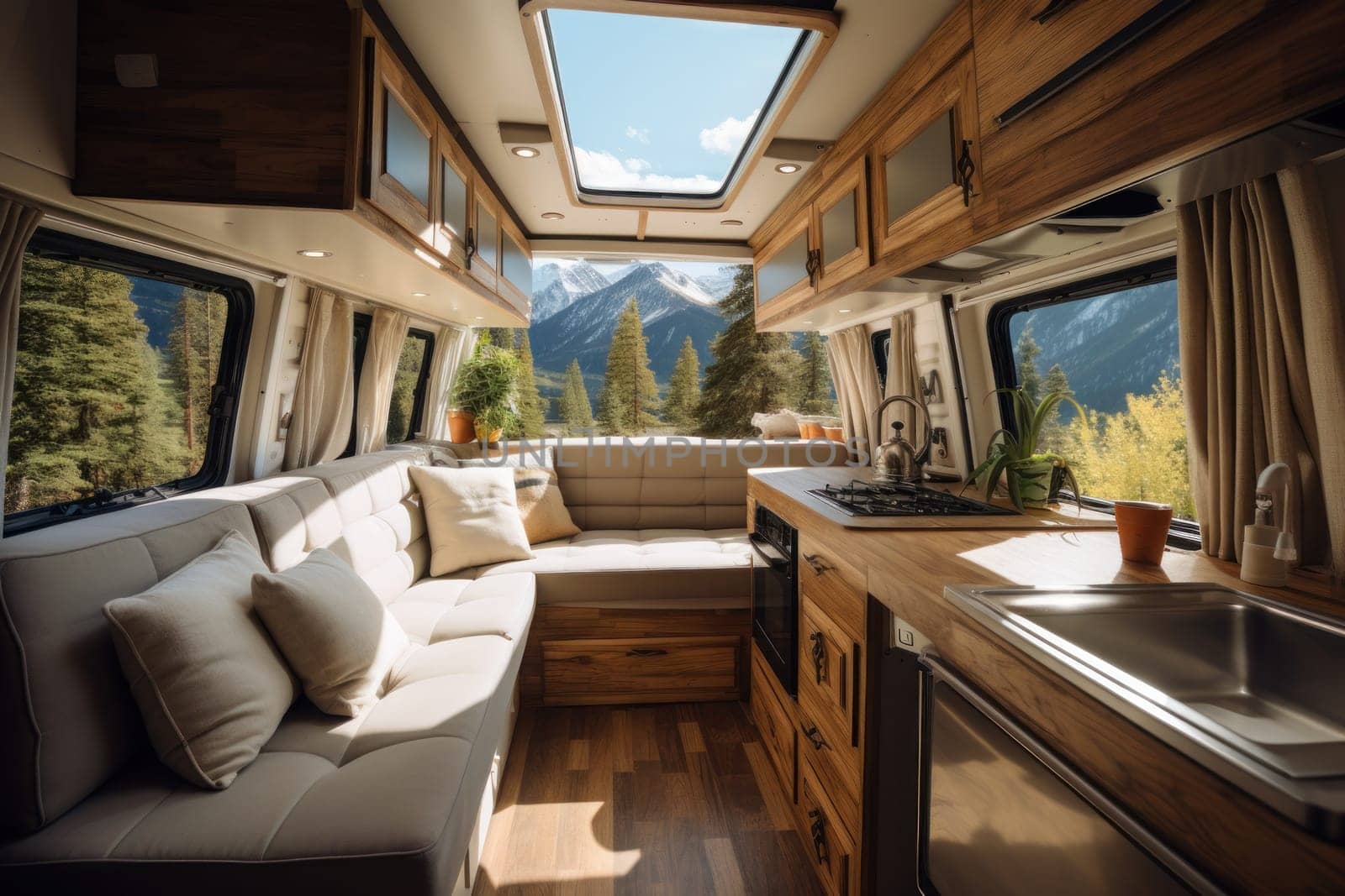 Cozy interior in the trailer of motorhome, Generative AI.