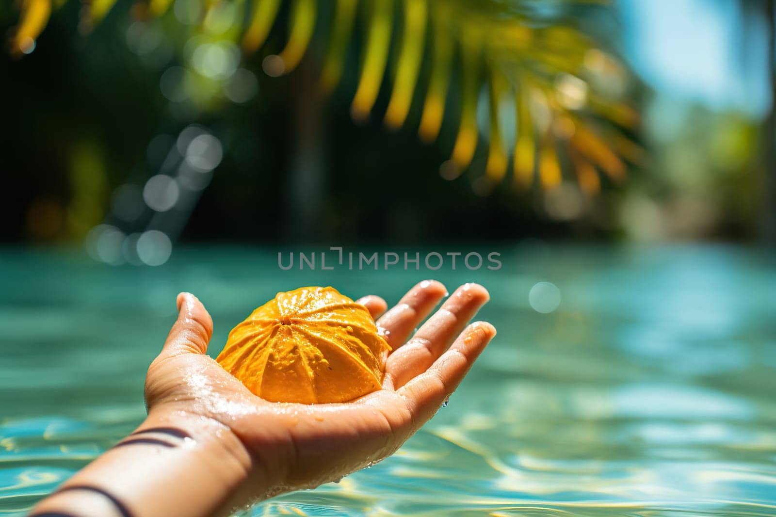 Half of an orange tropical fruit in a hand over blue water. Summer holiday concept.