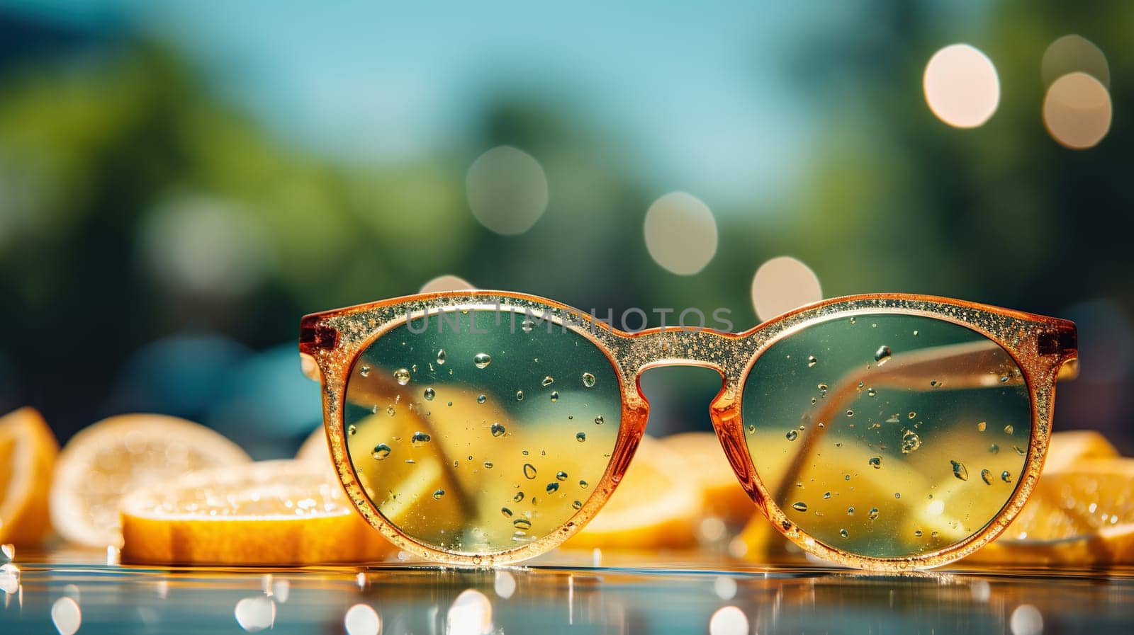 Sunglasses on a blurred summer background with golden bokeh. Summer background. Generated by artificial intelligence by Vovmar